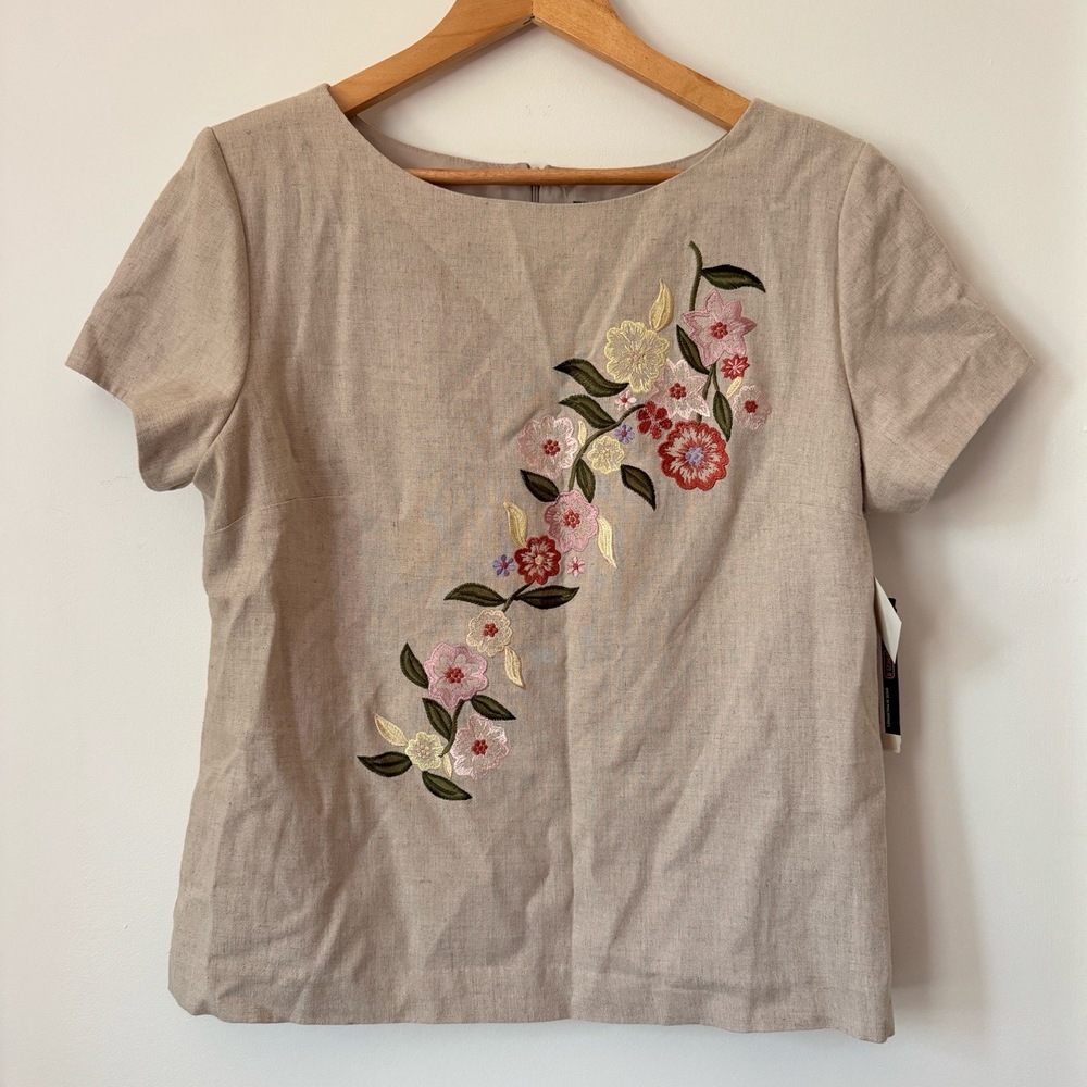 VTG 90s Beige‎ Floral Embroidered Top Womens 12 Linen Boho Cottage Retro NWT
